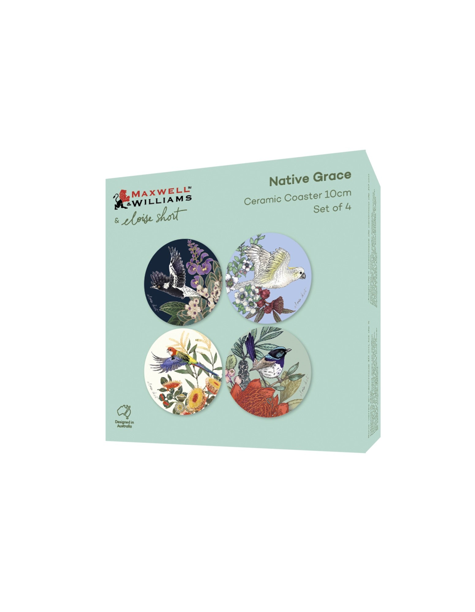 Maxwell & Williams Eloise Short Native Grace Ceramic Coaster 10cm Set of 4 Assorted Gift Boxed