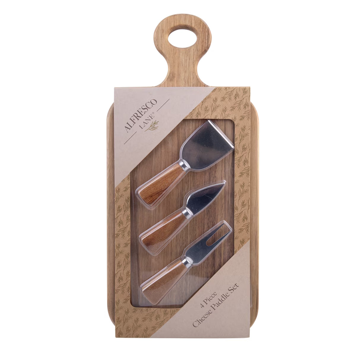 Alfresco Lane 4 Piece Oblong Acacia Wood Cheese Paddle W/ Knives 43cm X 20cm