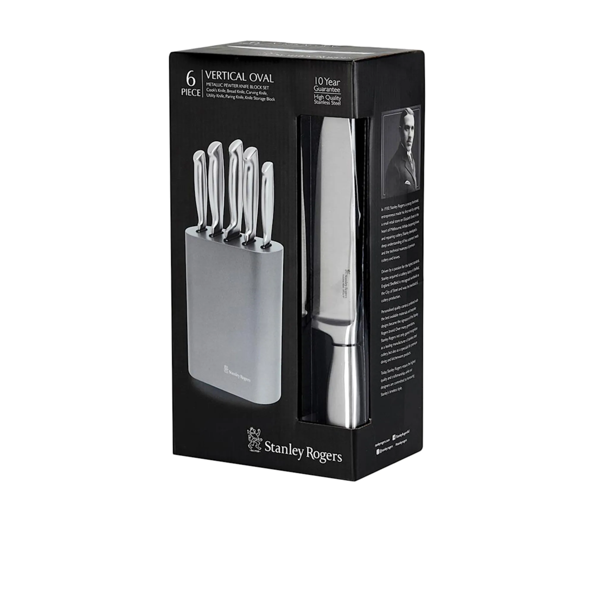 Stanley Rogers 6pc Oval Vertical Metallic Knife Block Set Pewter