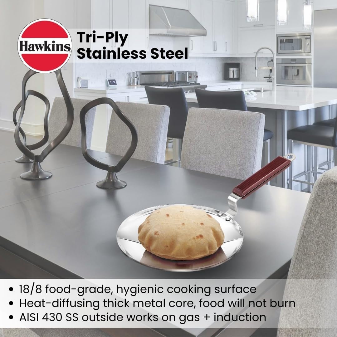 Hawkins Tri-Ply Stainless Steel Tava with Wooden Handle, 24 cm SSTV24