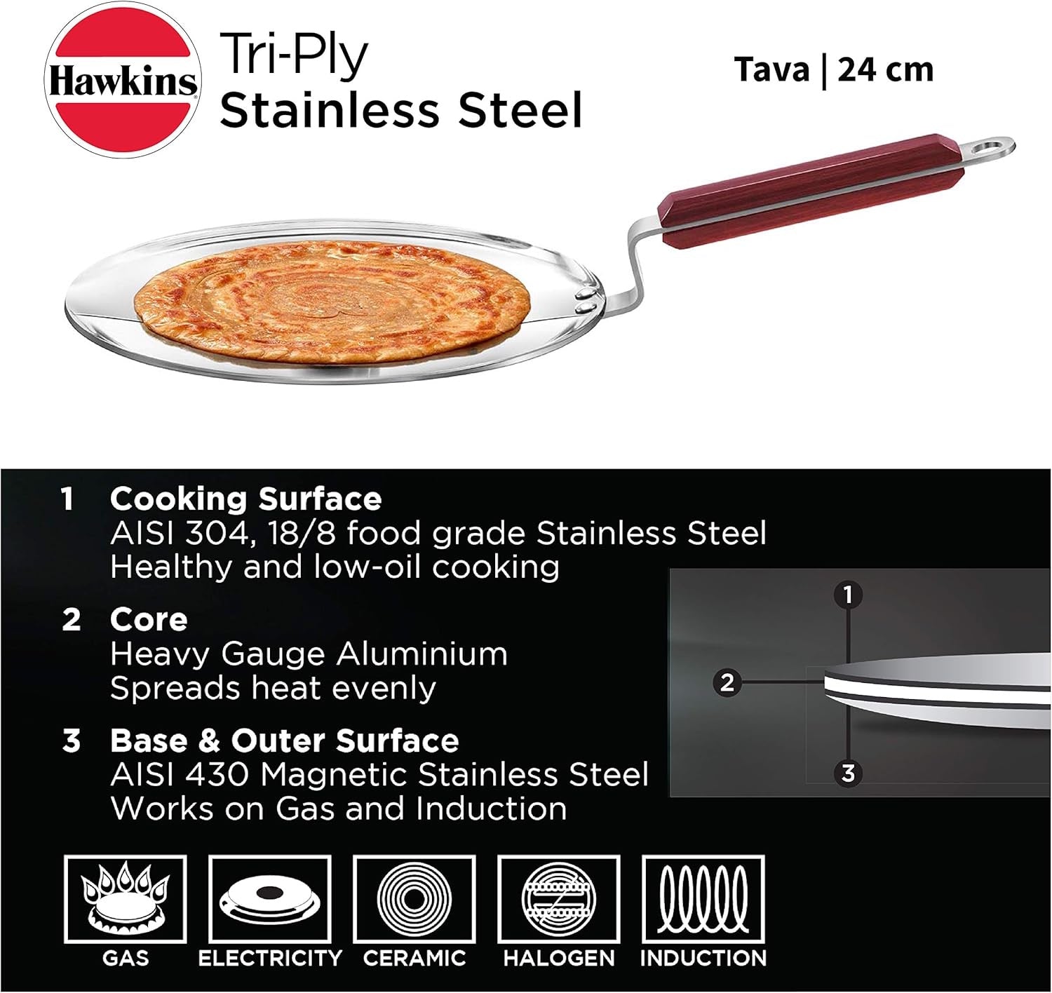 Hawkins Tri-Ply Stainless Steel Tava with Wooden Handle, 24 cm SSTV24