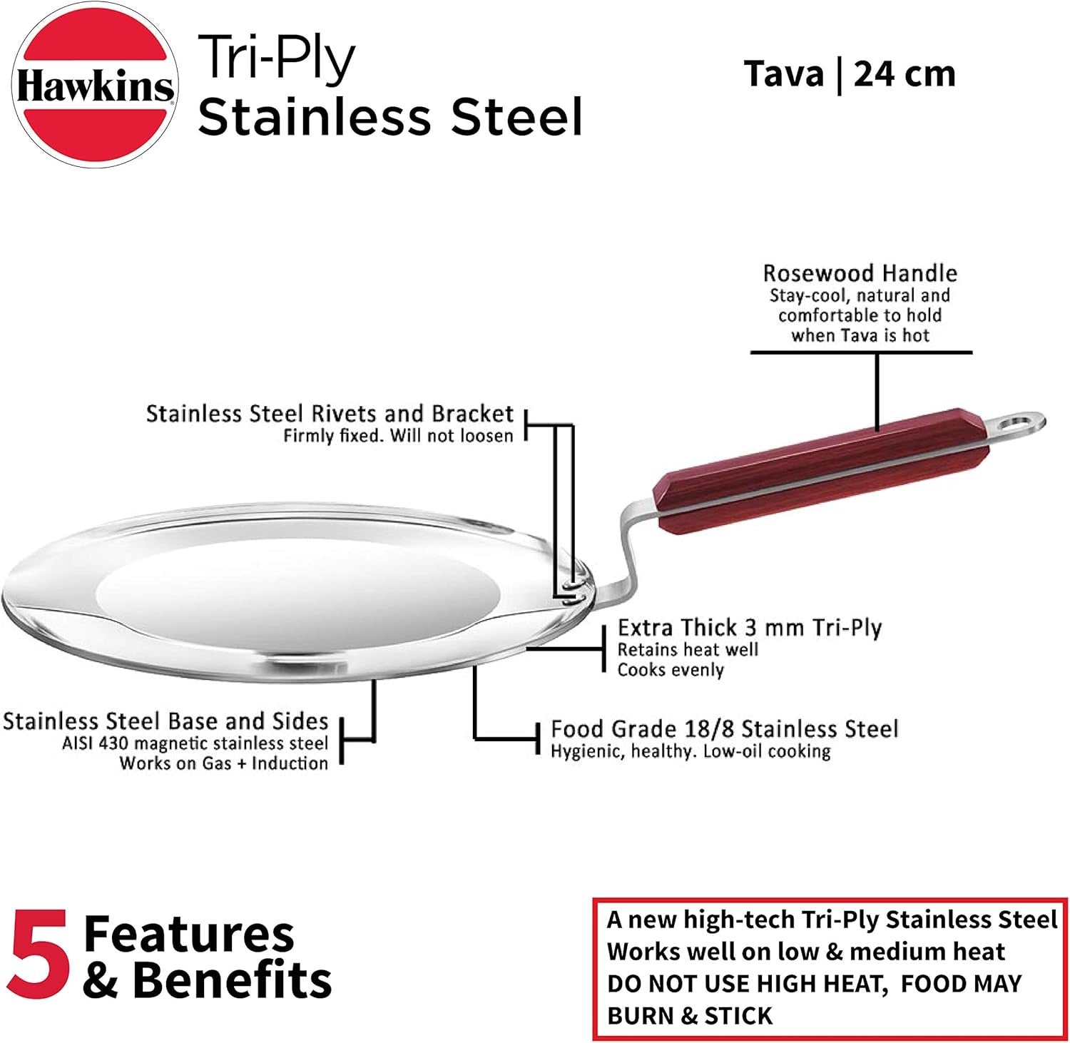 Hawkins Tri-Ply Stainless Steel Tava with Wooden Handle, 24 cm SSTV24