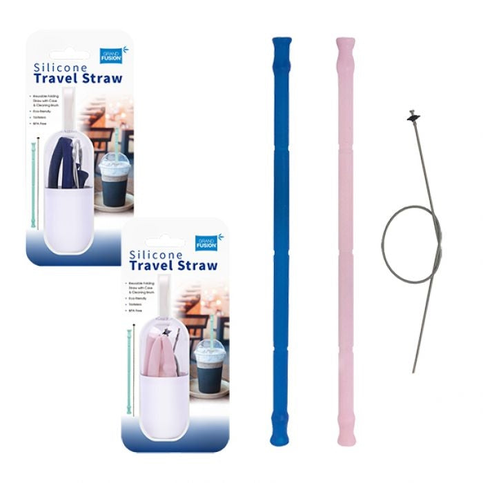 Grand Fusion Silicone Travel Straw With Cleaner - 2 Asst. Colours