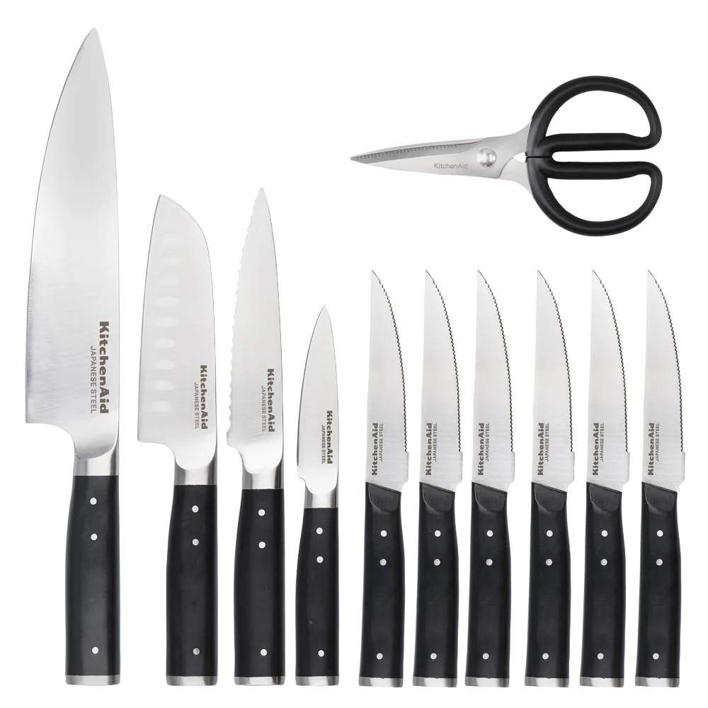 11pc KitchenAid Gourmet Birch Wood Knife Block Set W/ Built-In Sharpener 11pc
