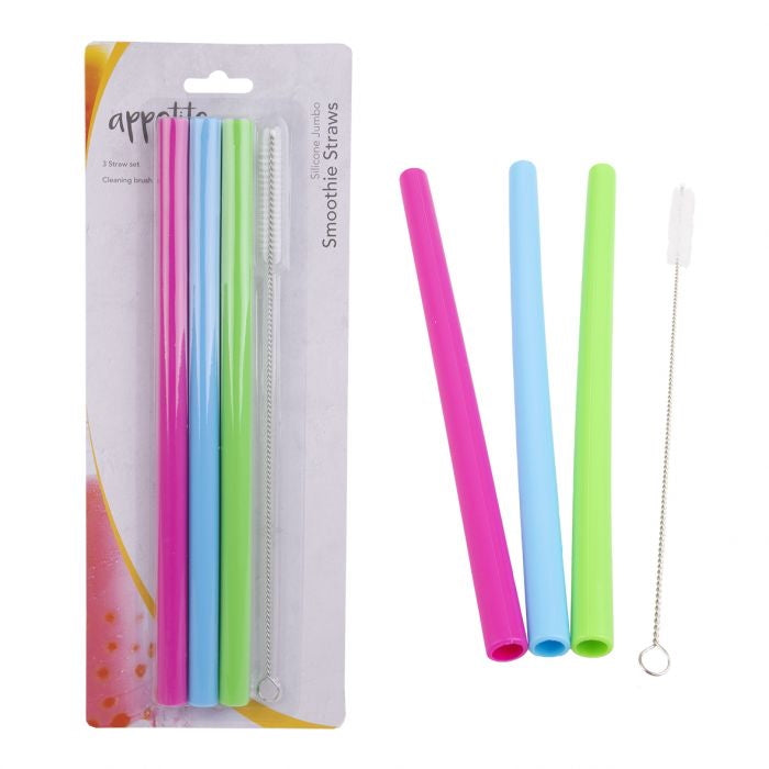 Appetito Silicone Jumbo Smoothie Straws Set 3 W/ Brush - 3 Asst. Colours