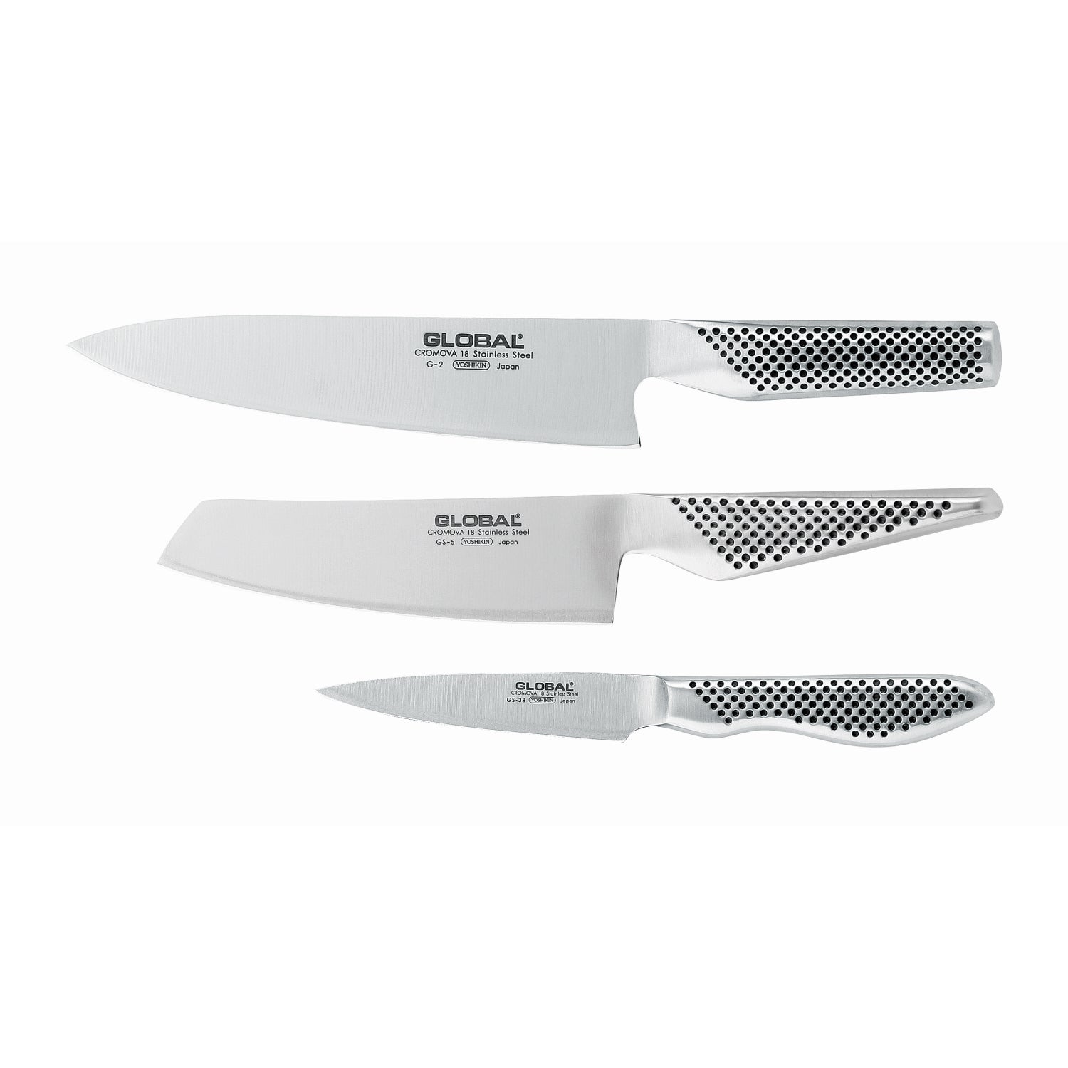 Global 3 Piece Knife Set - Cook's Knife 20cm, Vegetable Knife 14cm, Paring Knife 9cm