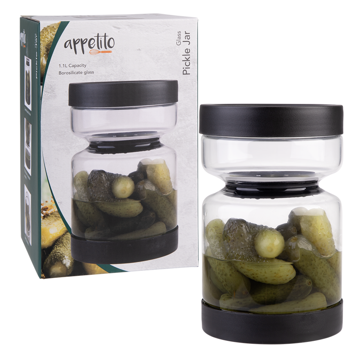 Appetito Borosilicate Glass Pickle Jar 1.1L - Black