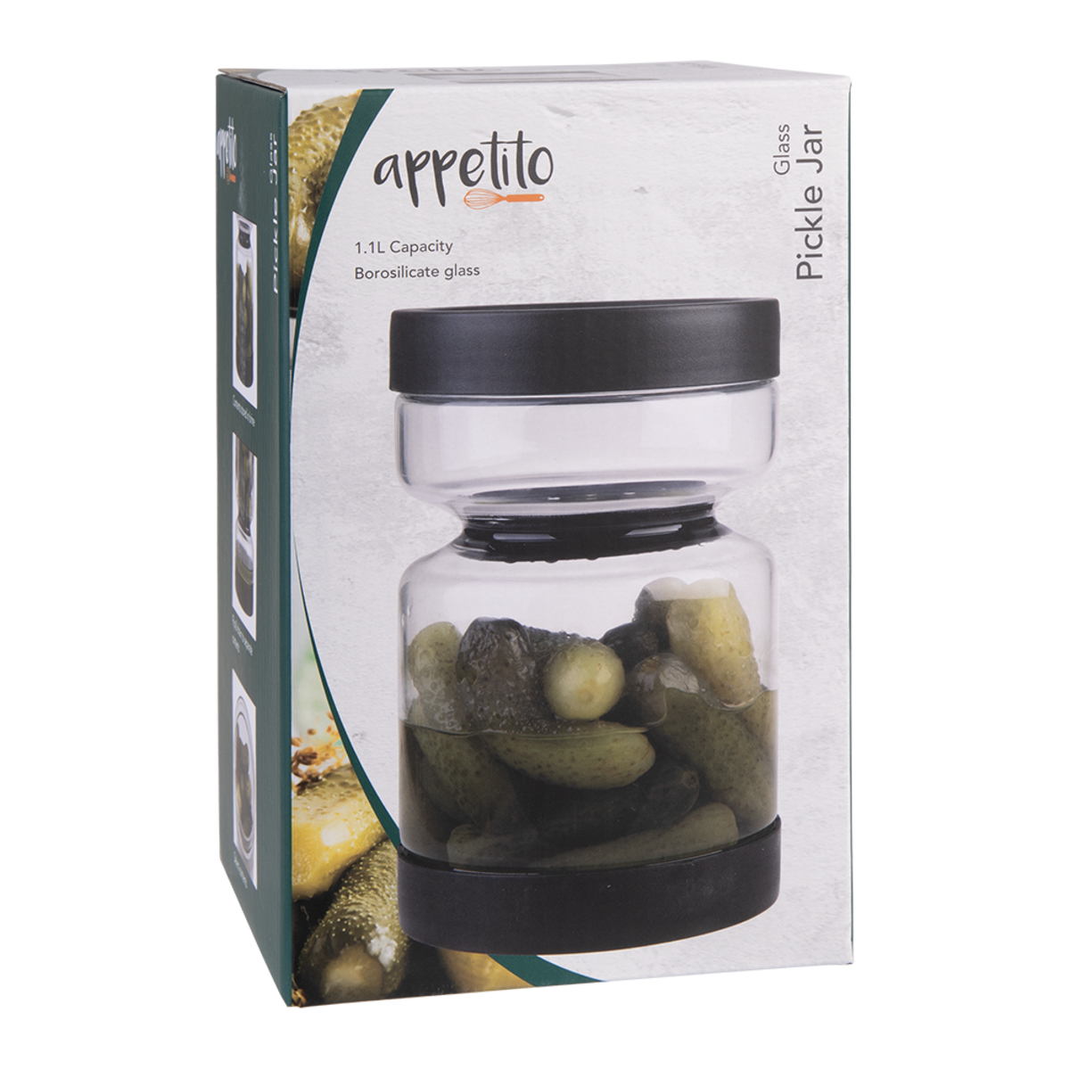 Appetito Borosilicate Glass Pickle Jar 1.1L - Black