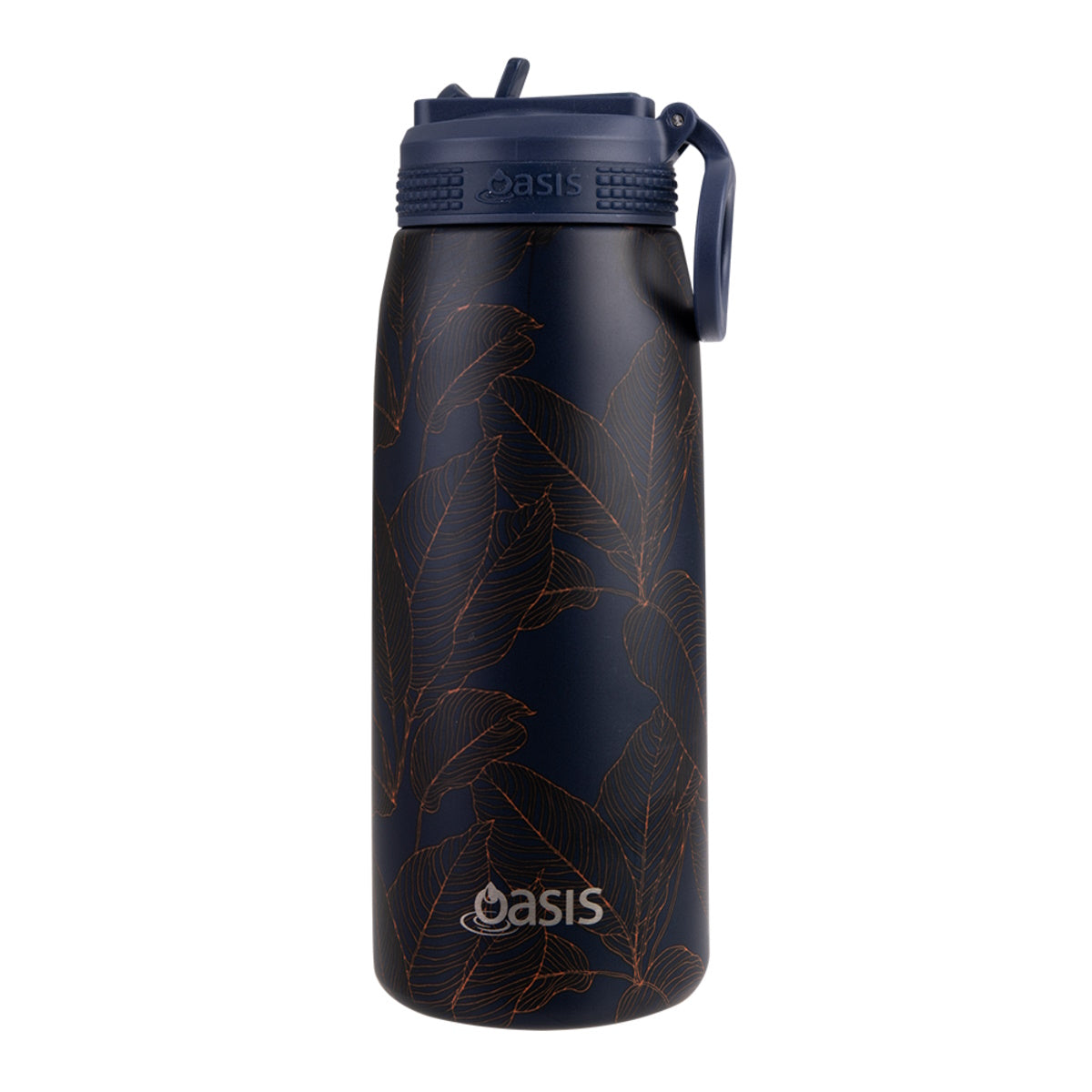 Oasis Stainless Steel Double Wall Insulated Sports Bottle With Sipper Straw 780ml - Navy Leaves