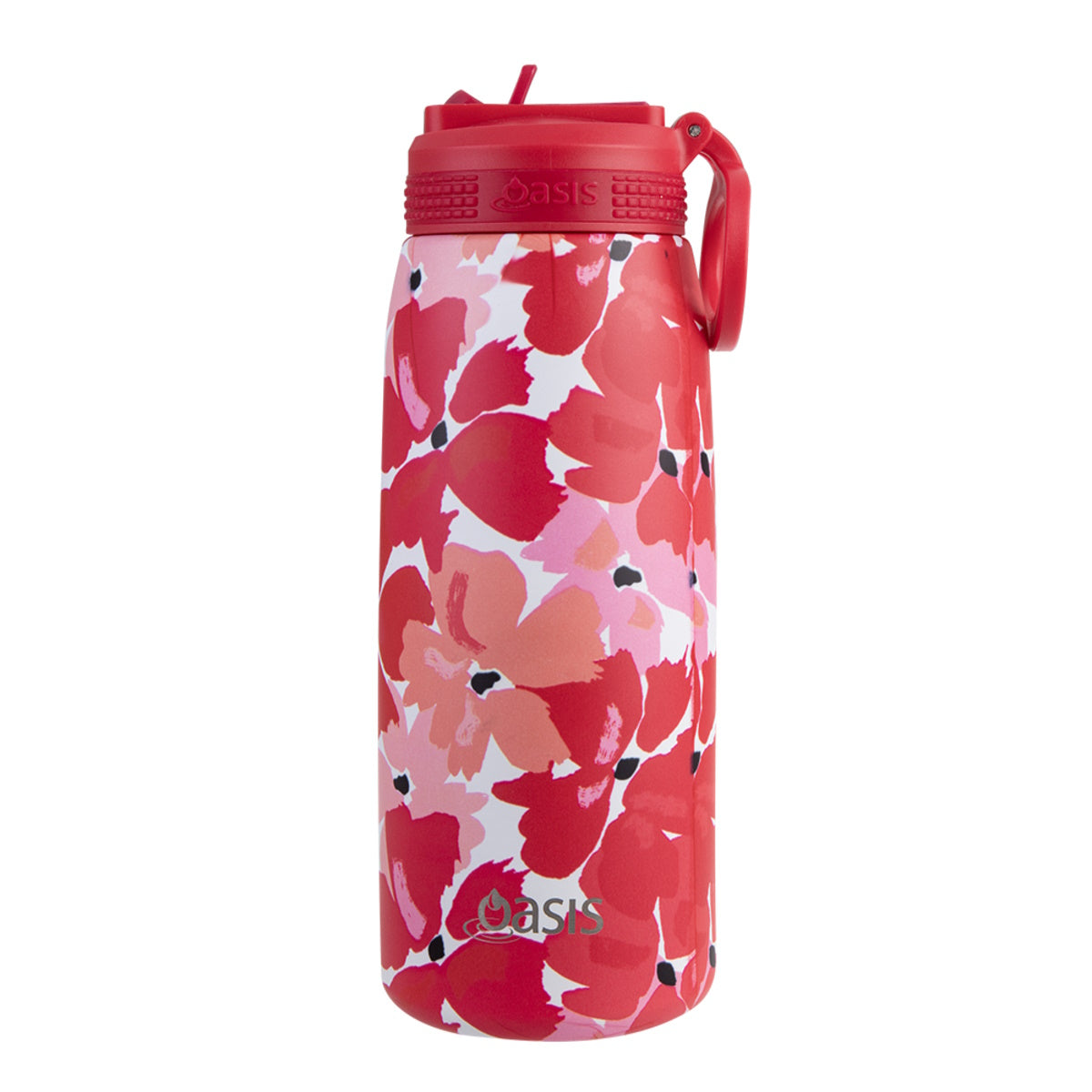 Oasis Stainless Steel Double Wall Insulated Sports Bottle With Sipper Straw 780ml - Red Poppies