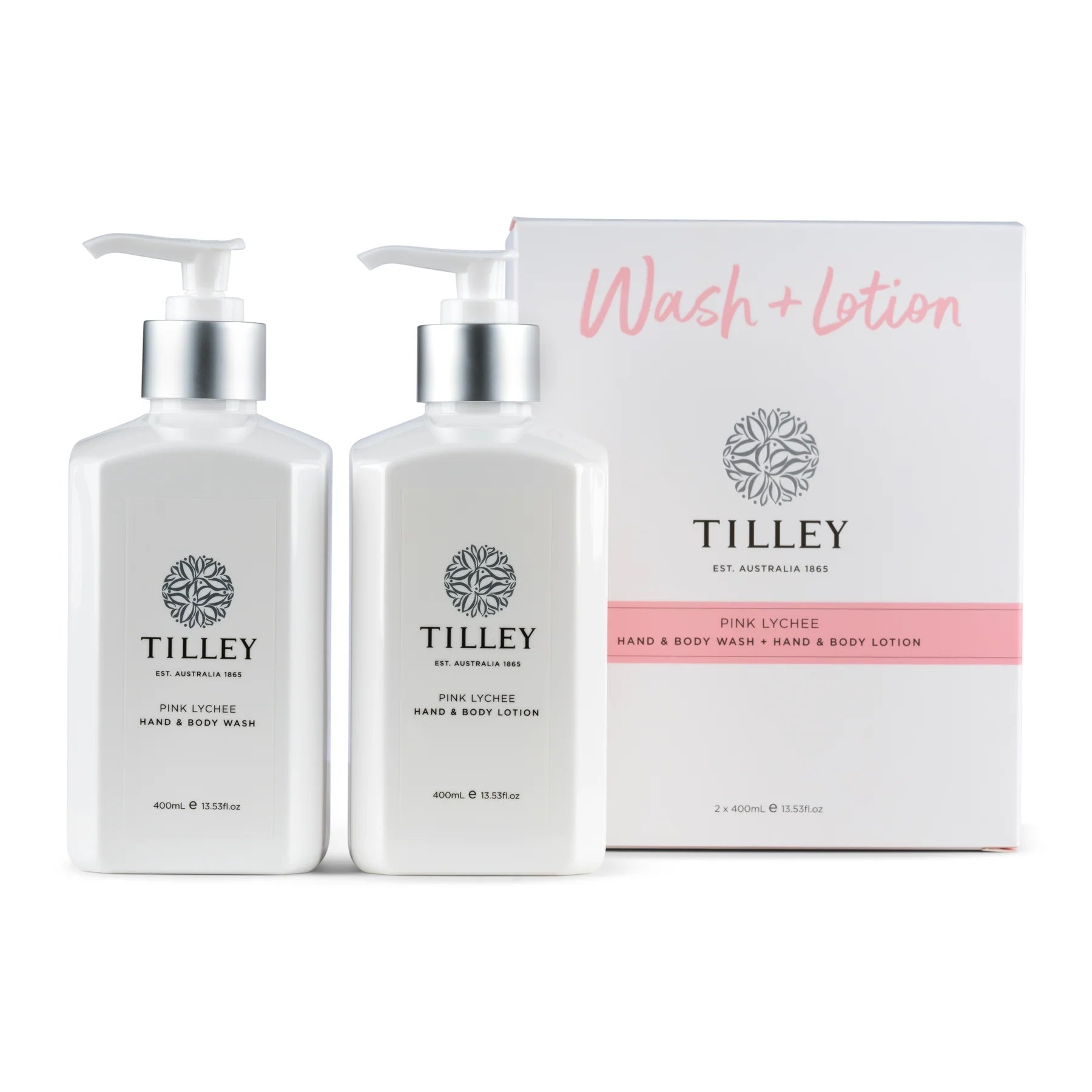Tilley Pink Lychee Body Wash & Lotion Twin Pack 2 x 400mL