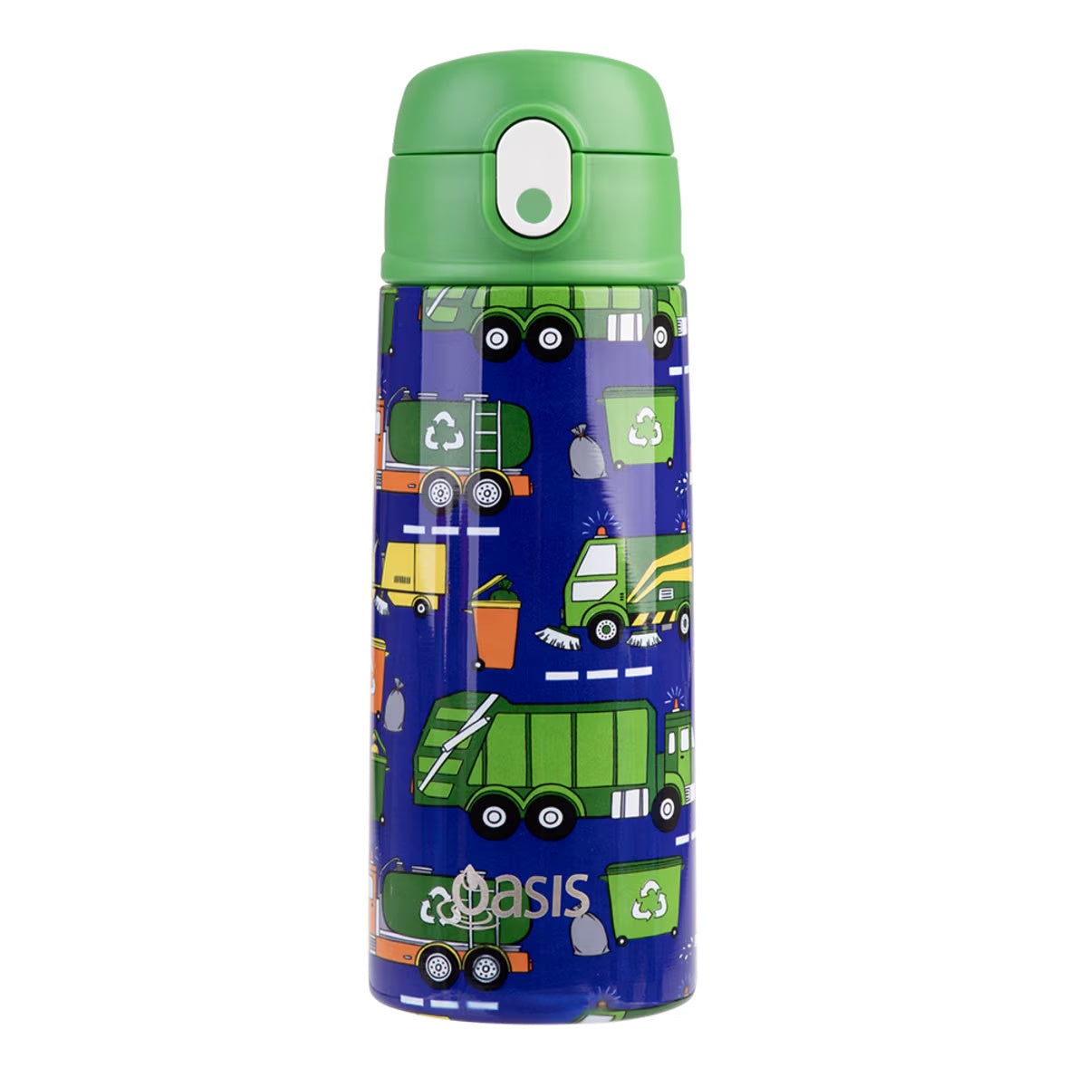 Oasis Stainless Steel Double Wall Insulated Kid's Drink Bottle With Sipper 550ml - Garbage Trucks