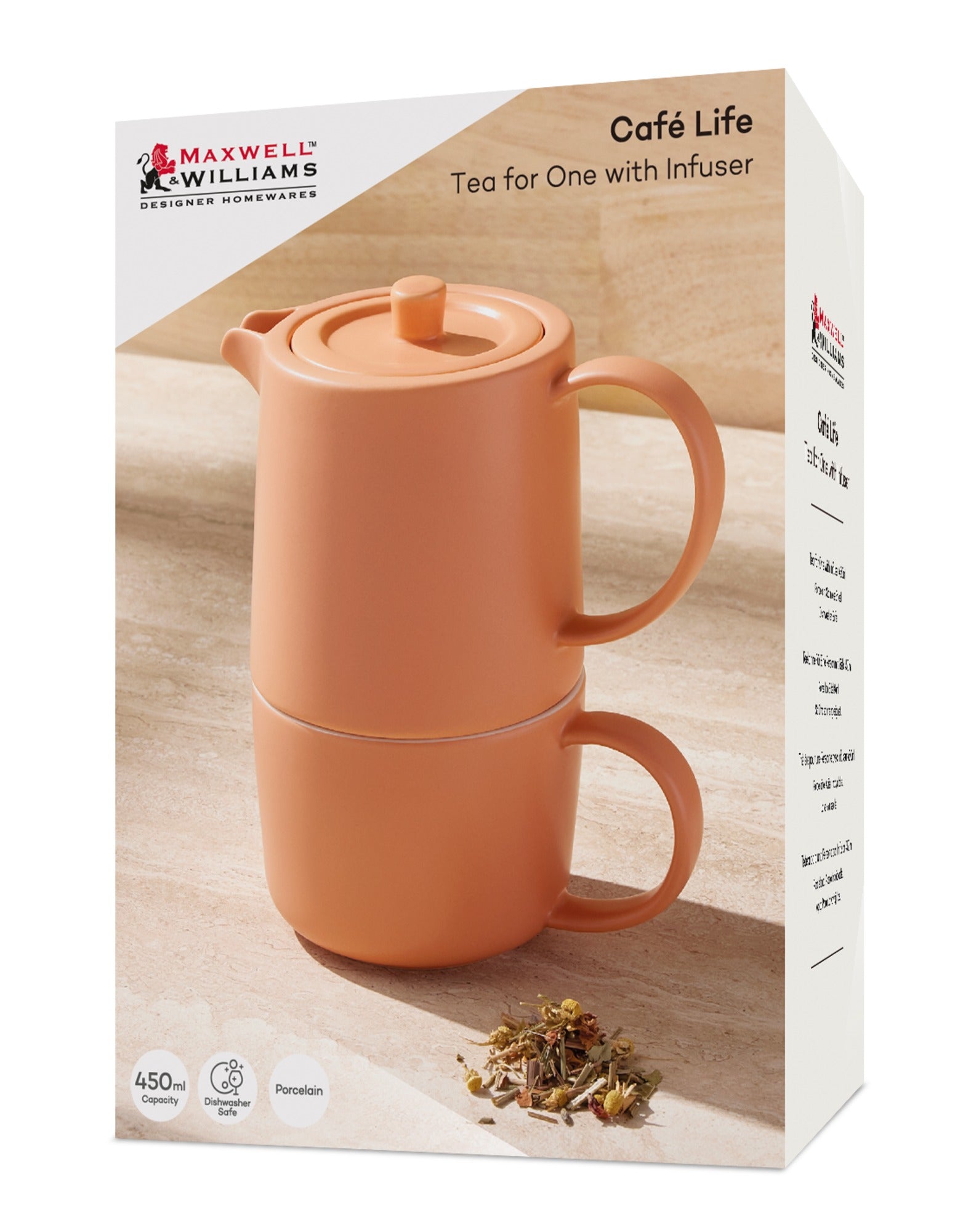 Maxwell & Williams Cafe Life Tea for One With Infuser 450ML Apricot Gift Boxed