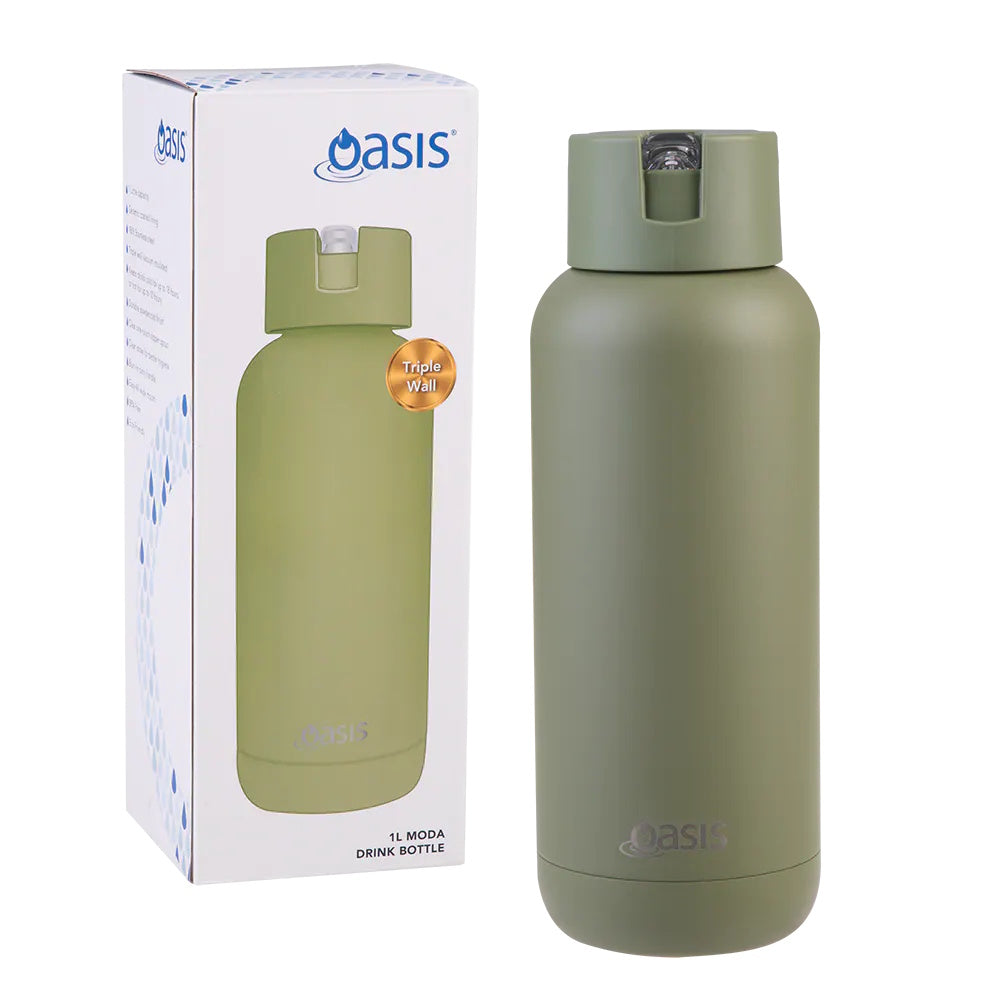 Oasis Moda Ceramic Lined Stainless Steel Triple Wall Insulated Drink Bottle 1l - Olive Green