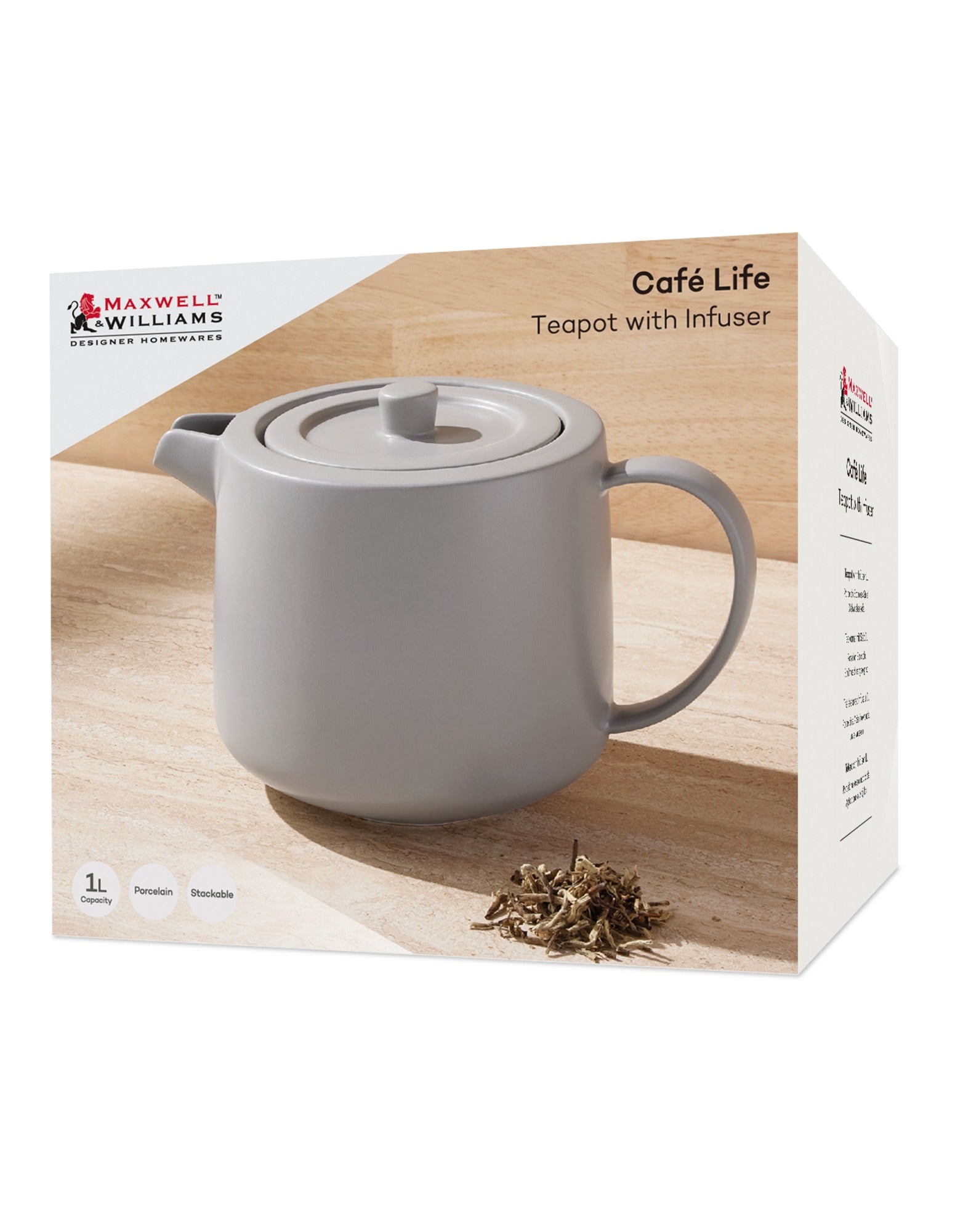 Maxwell & Williams Cafe Life Teapot With Infuser 1L Grey Gift Boxed