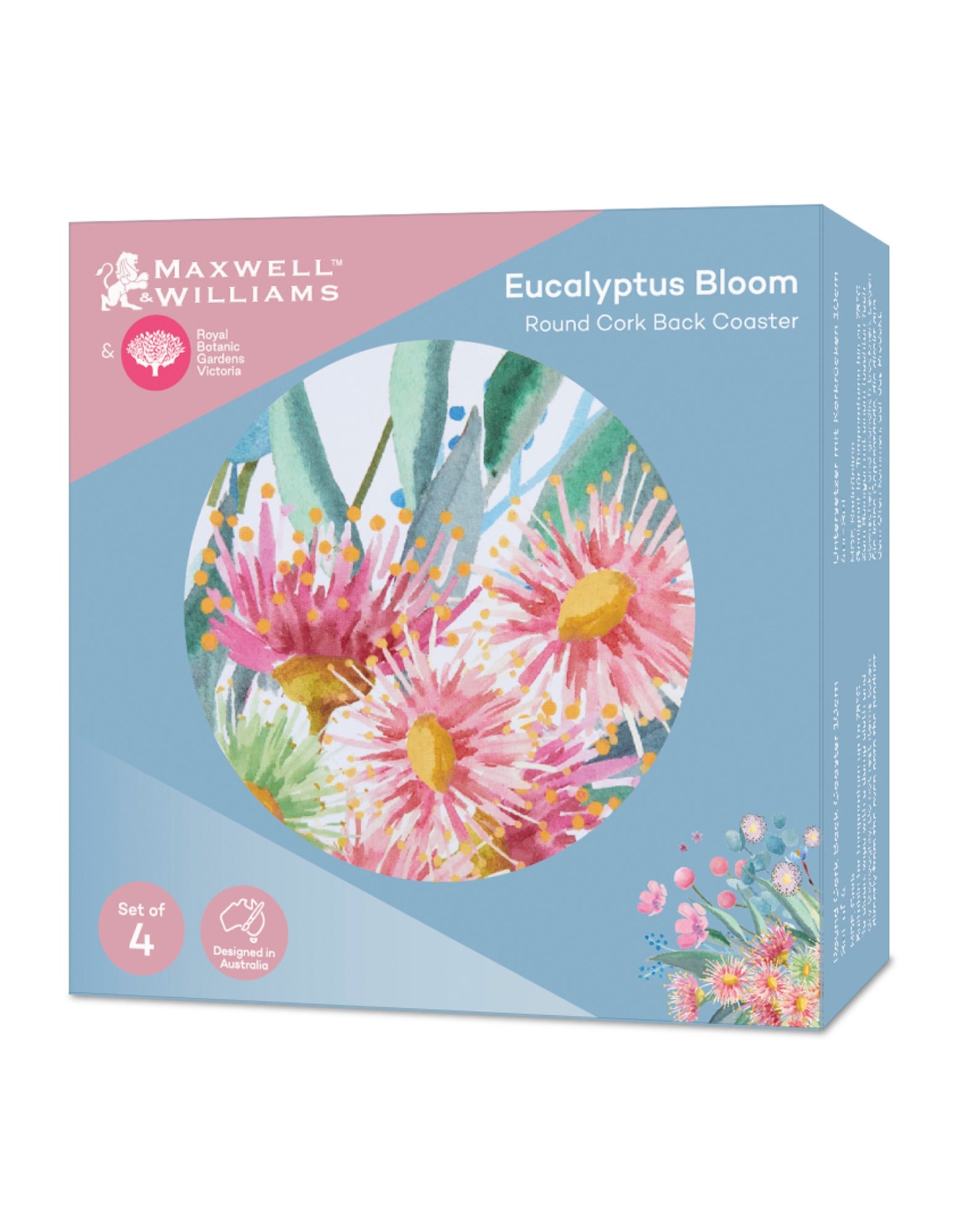 Maxwell & Williams Royal Botanic Gardens Eucalyptus Bloom Round Cork Back Coaster 10cm Set of 4 Gift