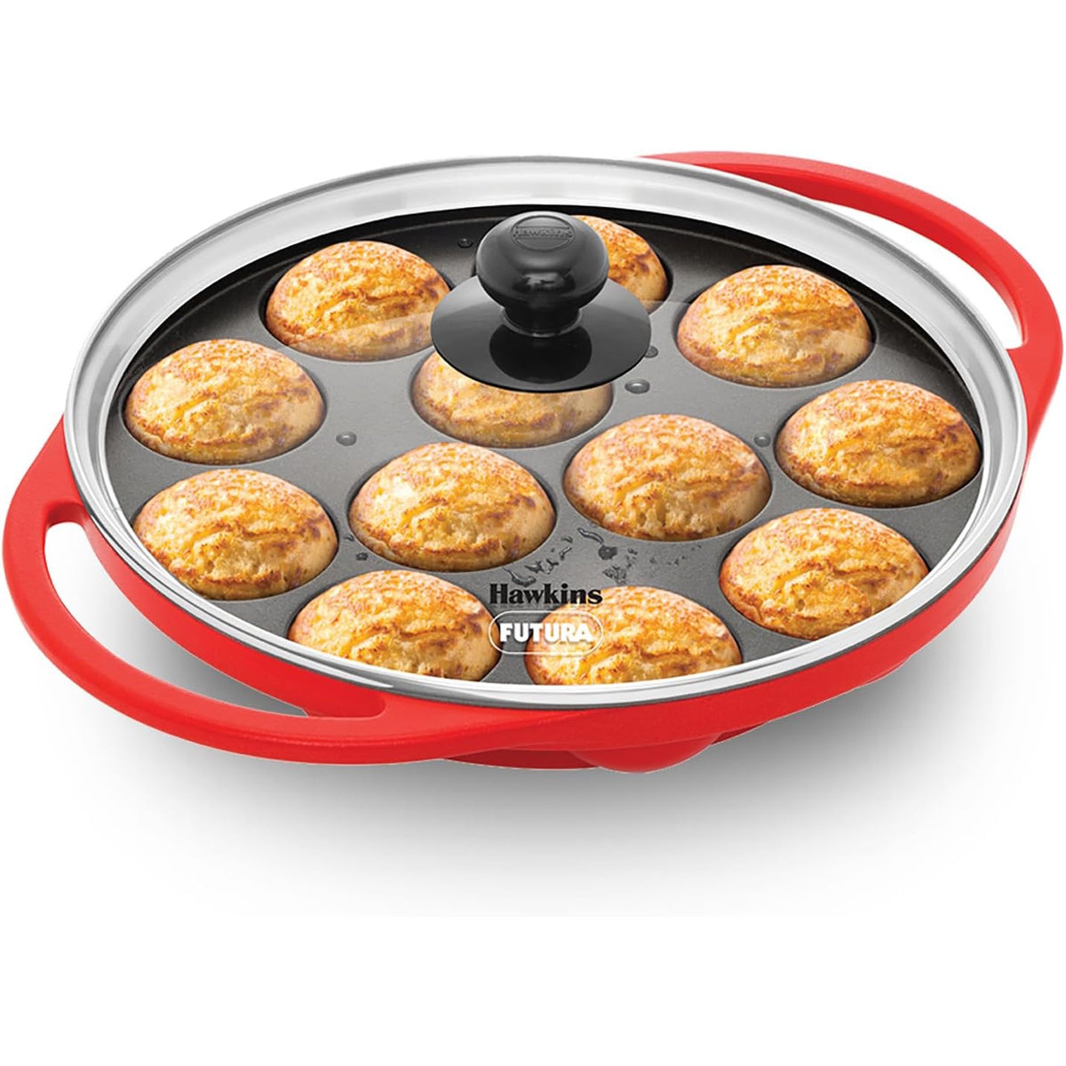 Hawkins Futura 24 cm Appe Pan, Non Stick with Glass Lid, 12 Cups, Red (NAPE24G)