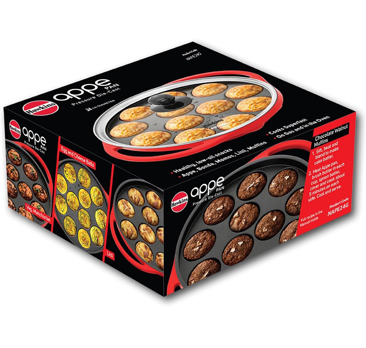 Hawkins Futura 24 cm Appe Pan, Non Stick with Glass Lid, 12 Cups, Red (NAPE24G)