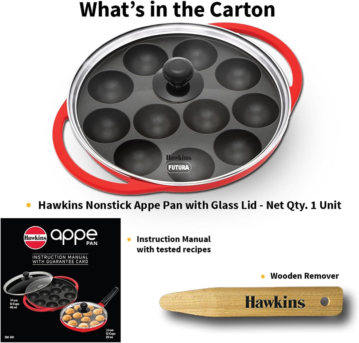 Hawkins Futura 24 cm Appe Pan, Non Stick with Glass Lid, 12 Cups, Red (NAPE24G)