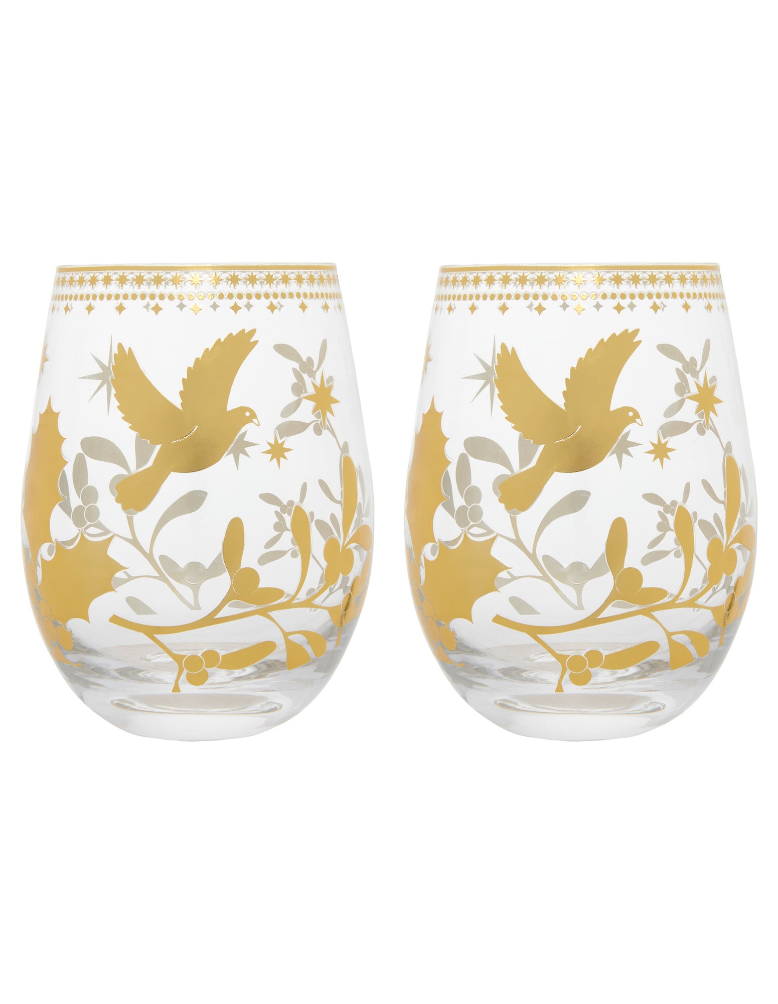 Maxwell & Williams White Christmas Stemless Wine Glass 550ML Set of 2 Gold Gift Boxed