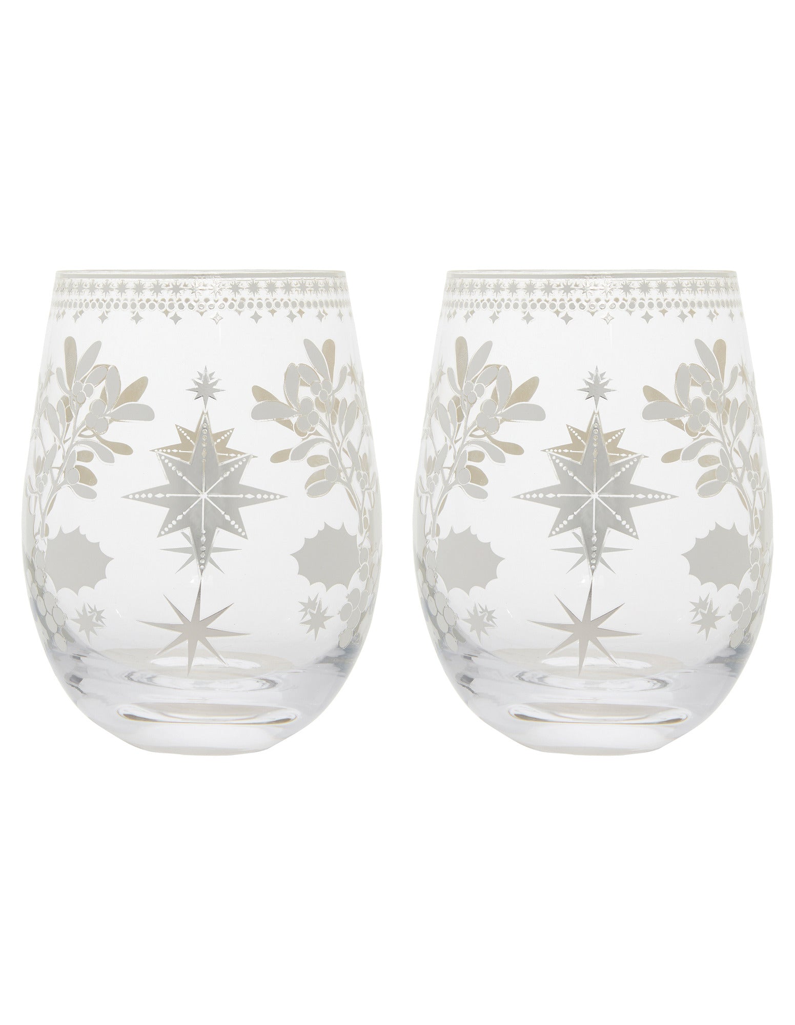 Maxwell & Williams White Christmas Stemless Wine Glass 550ML Set of 2 Silver Gift Boxed