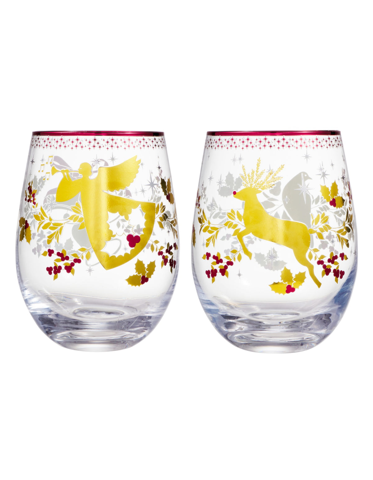 Maxwell & Williams  White Christmas 2026 Stemless Wine Glass 550ML Set of 2 Gold Gift Boxed