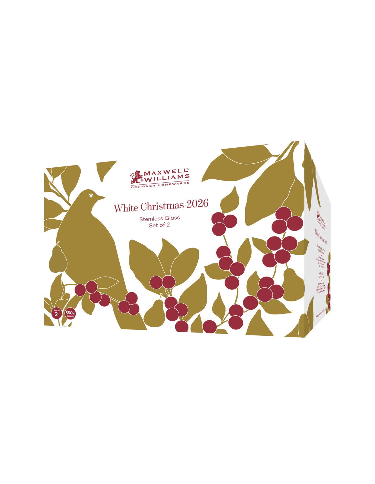Maxwell & Williams  White Christmas 2026 Stemless Wine Glass 550ML Set of 2 Gold Gift Boxed