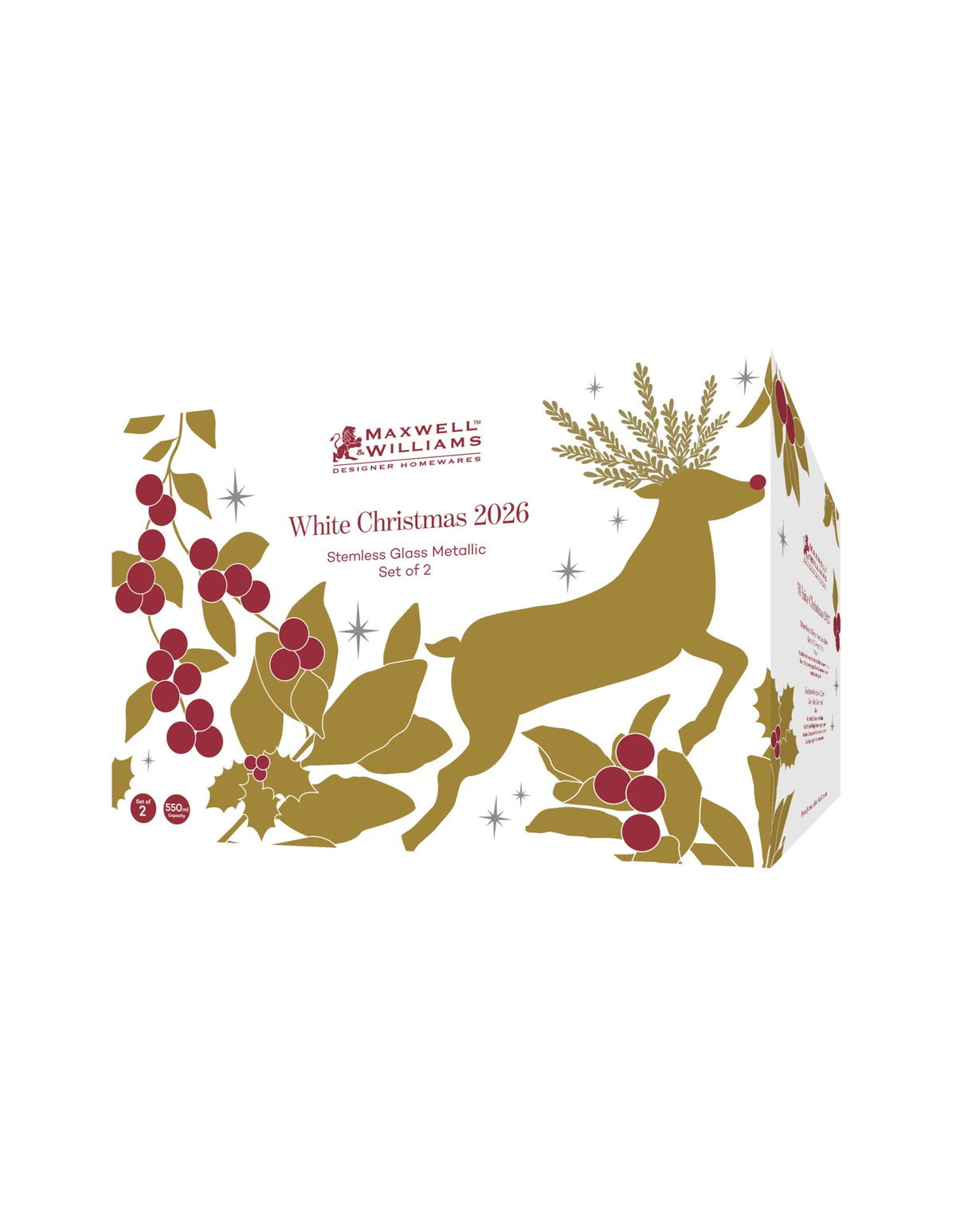 Maxwell & Williams  White Christmas 2026 Stemless Glass 550ml Set of 2 Gift Boxed in Red/Gold