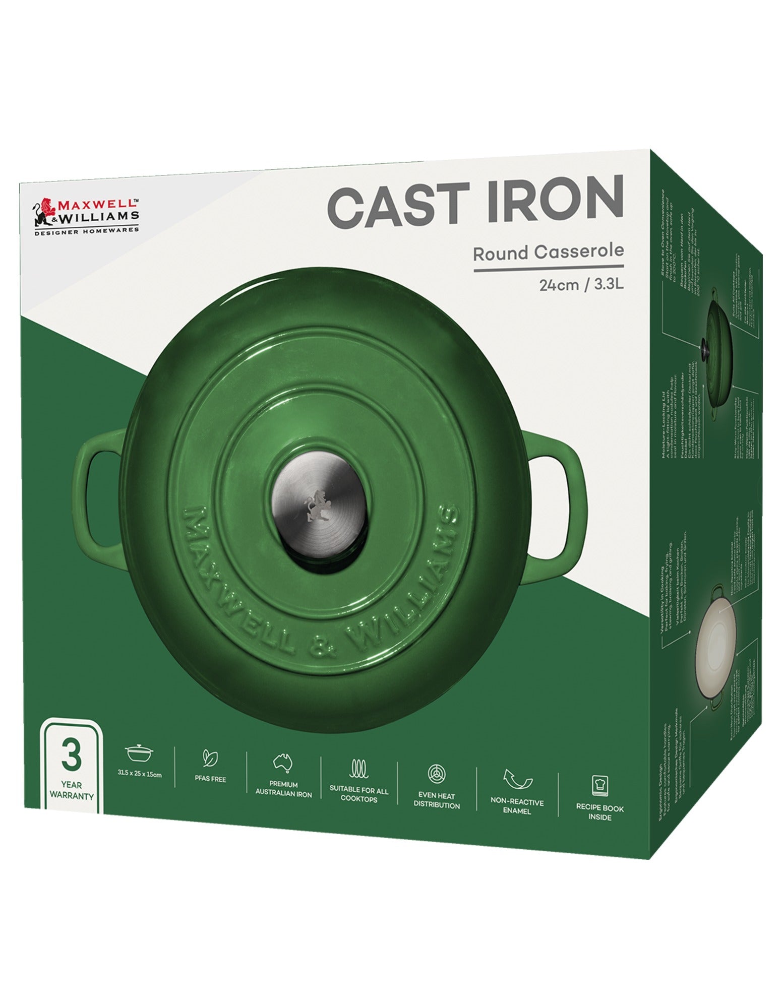 Maxwell & Williams Cast Iron Round Casserole English Racing Green 24cm / 3.3L Gift Boxed