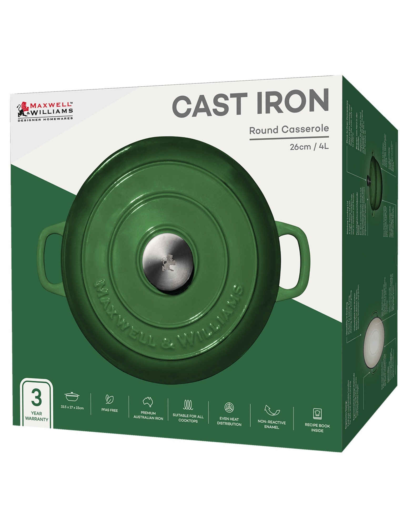 Maxwell & Williams Cast Iron Round Casserole English Racing Green 26cm / 4L Gift Boxed