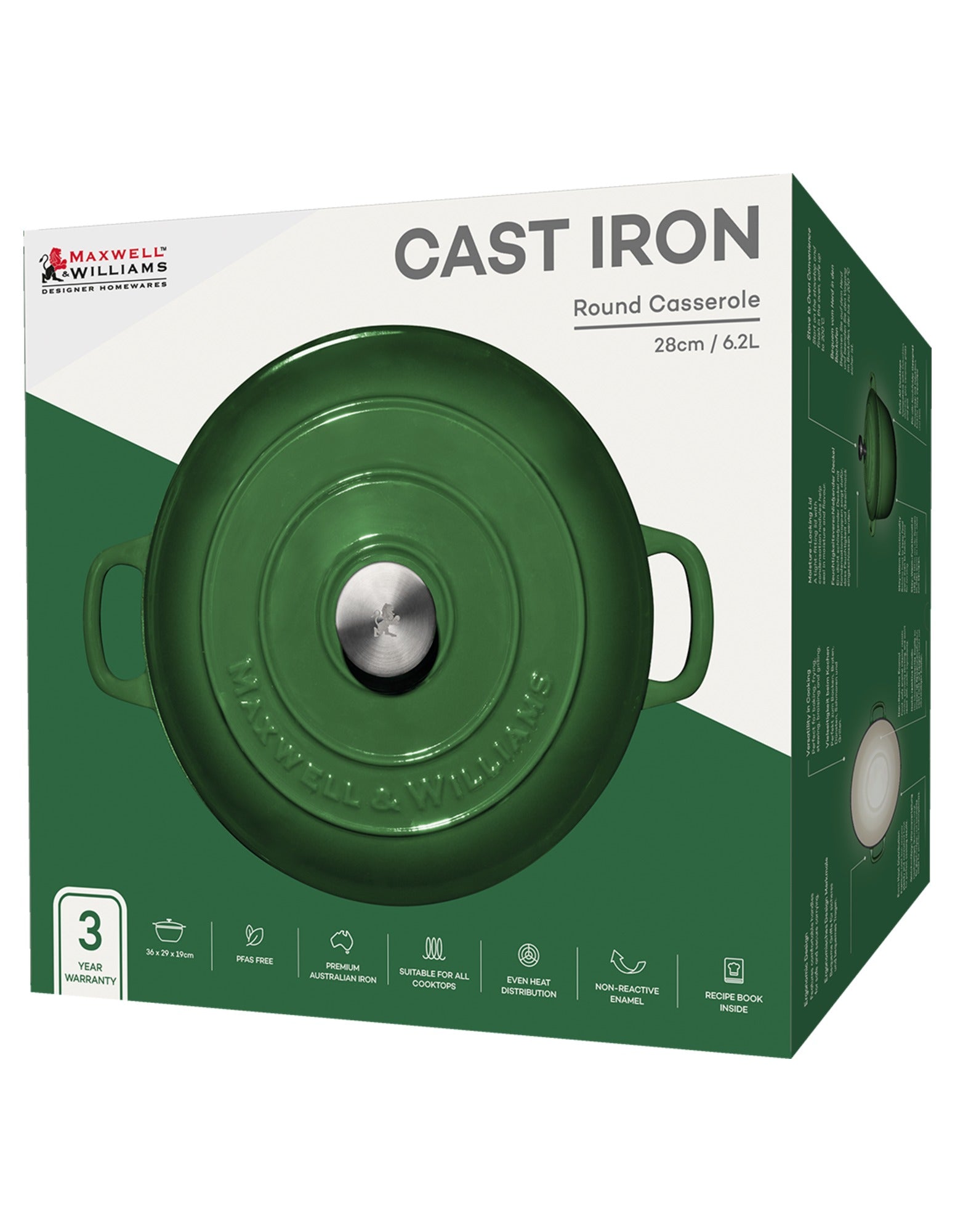 Maxwell & Williams Cast Iron Round Casserole English Racing Green 28cm / 6.2L Gift Boxed